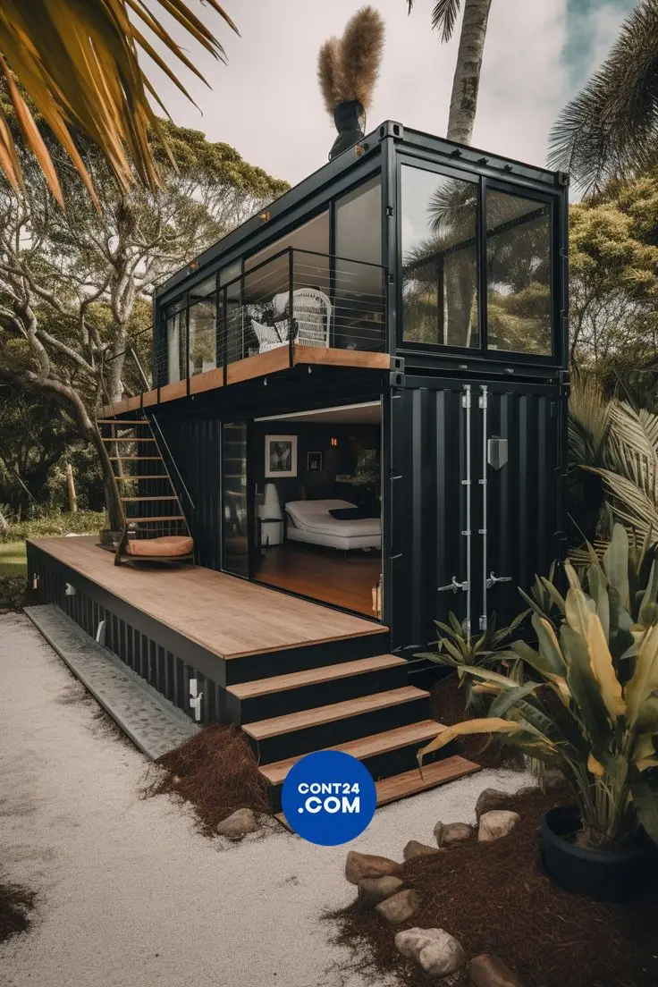 Stacked black two-story shipping container tiny home with glass upper floor in a tropical garden