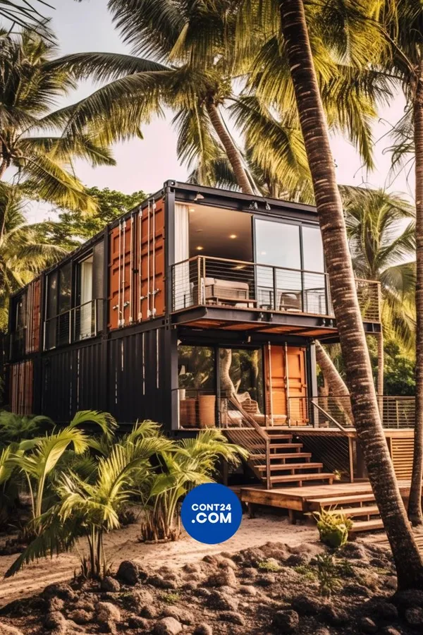 Black and oxide-red two-story container home surrounded by palm trees at sunset