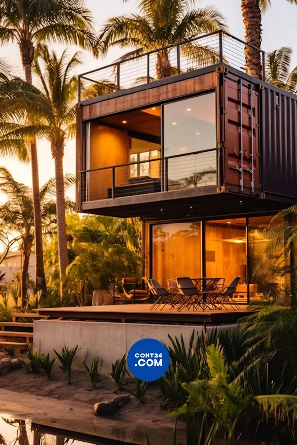 Cantilevered black container home with rooftop deck glowing at golden hour