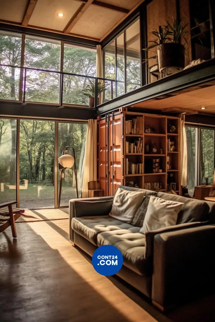 Container home interior with double-height ceiling and original orange container doors