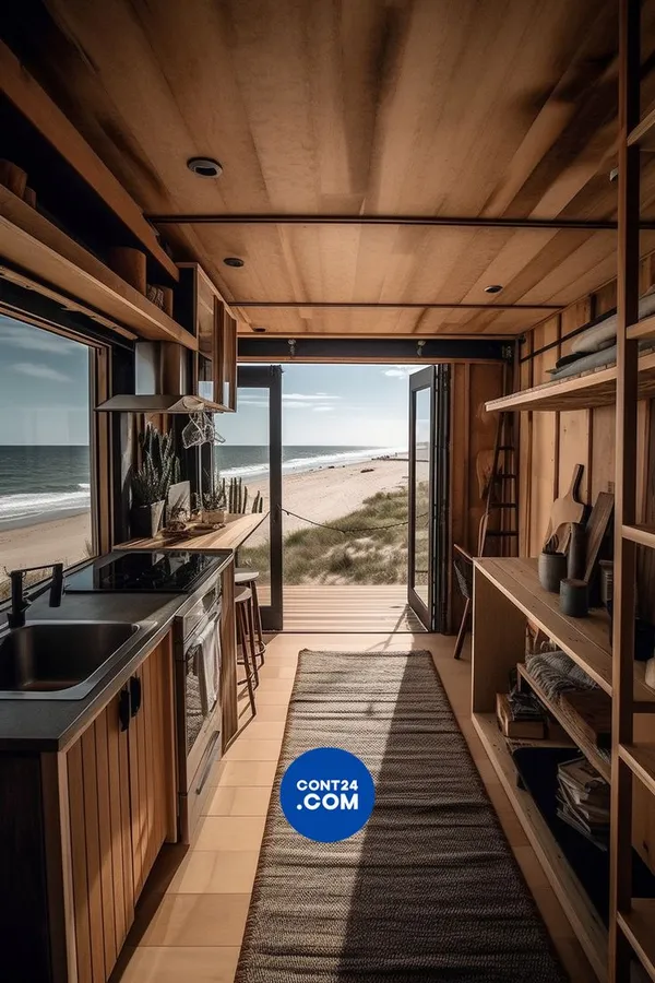 Container cabin galley kitchen opening onto a beach deck