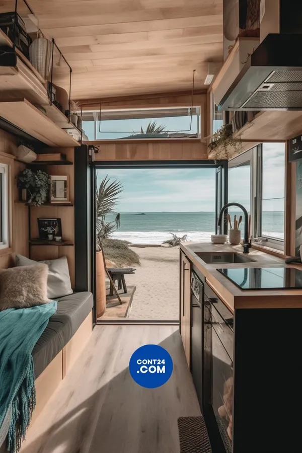 Interior of a container tiny house kitchen with wood lining and ocean view