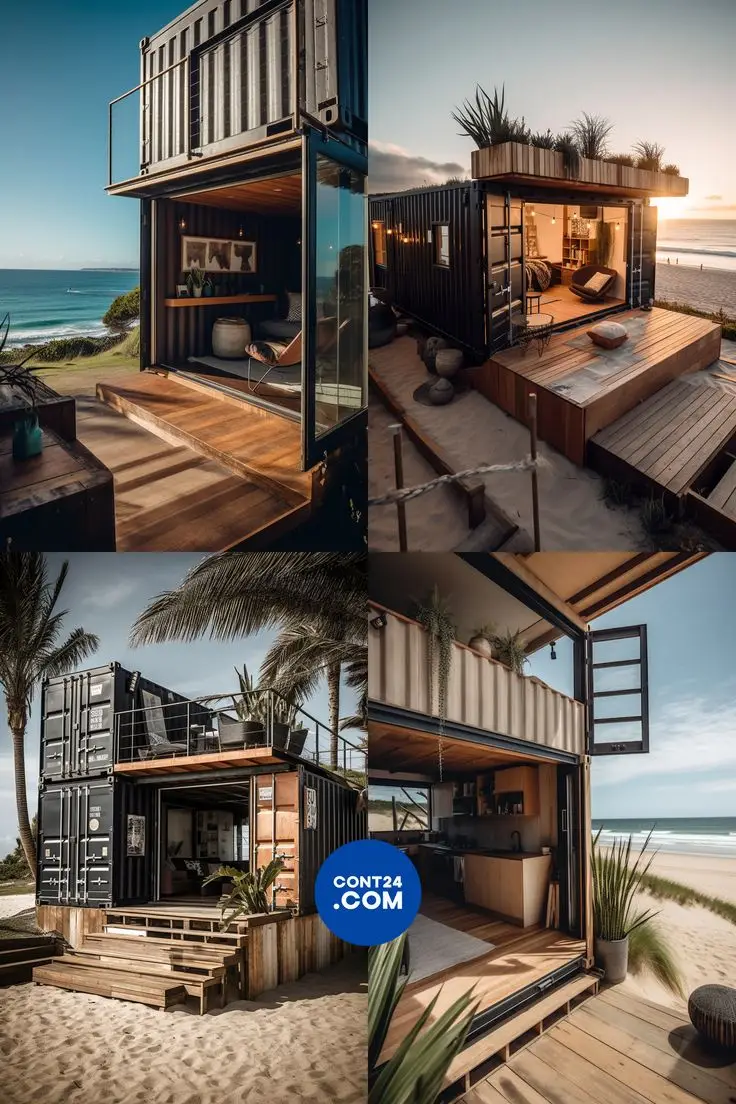 Four black container beach houses with warm wood decks at sunset