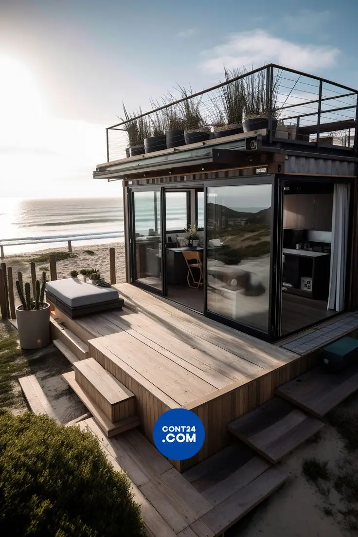 20ft container beach cabin with rooftop garden deck and sliding glass walls