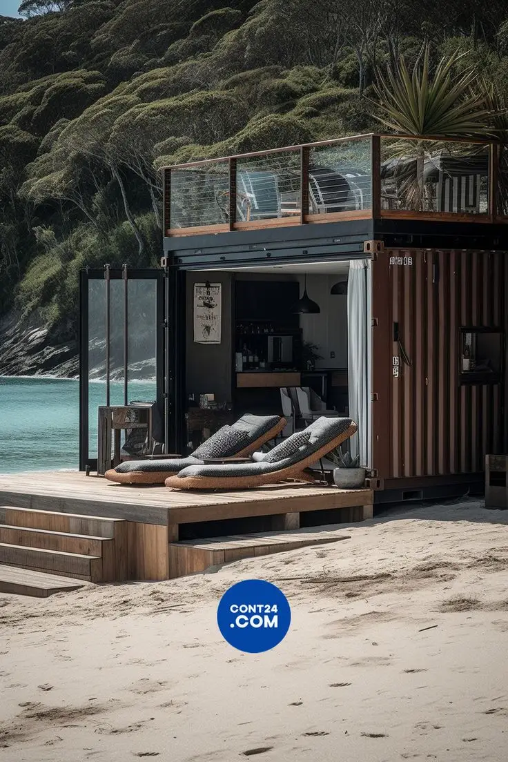 Beachside container cabin with lounge deck — the classic pool-side pairing